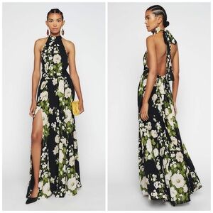 Reformation Black Floral Andee Halter Maxi Dress with Green and Cream Accents